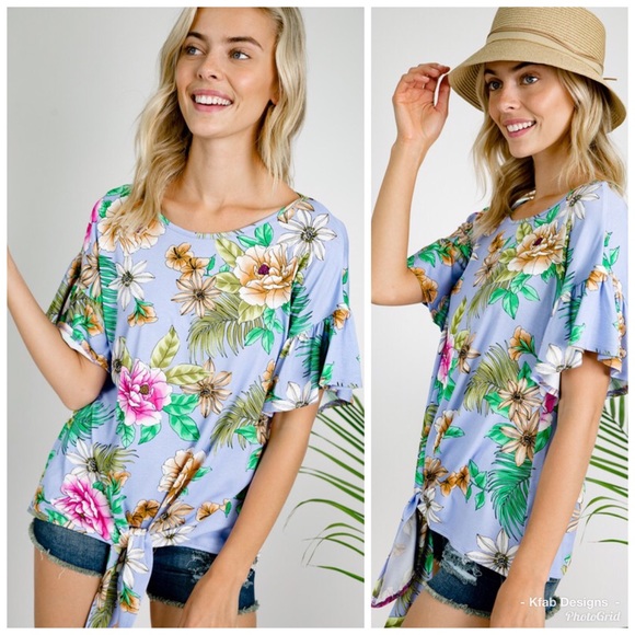 🛍LAST 1! Ruffled Floral Front Tie Top! - Picture 3 of 4